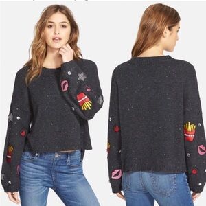 Wildfox Vintage Gray French Fries Kisses Rhinestones Oversized Emoji sweater XS